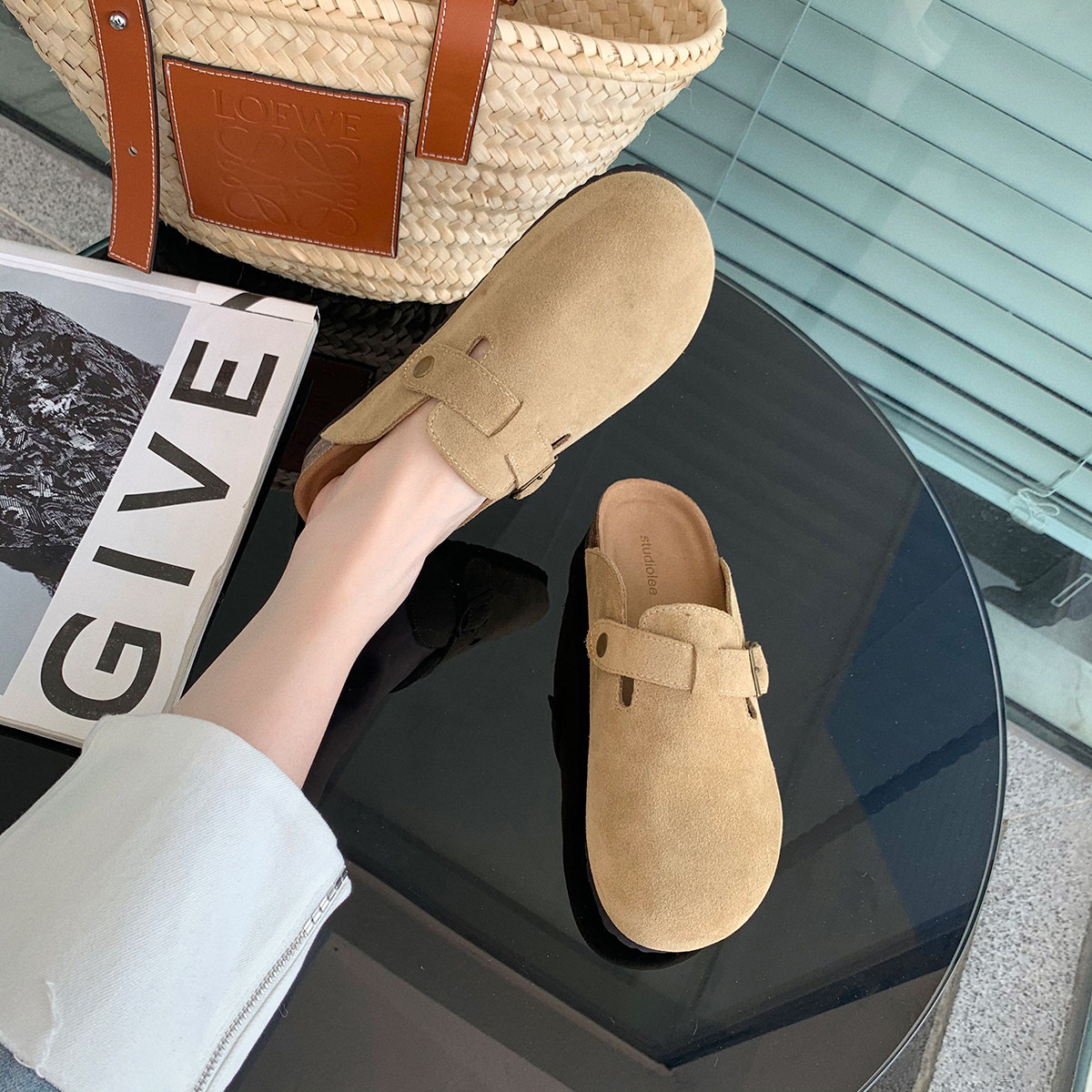 Grapes moms studiolee French style retro soft bottom Baotou Half drag thick bottom One foot pedal flat-bottomed pken shoes female spring