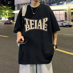 Hong Kong style retro pure cotton short-sleeved T-shirt men's ins trendy brand summer 2024 new men's oversize loose T-shirt