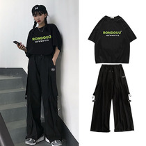 Summer Korean version of loose cool girl wear handsome hip hop overalls wide leg pants set women fashion foreign style two-piece set