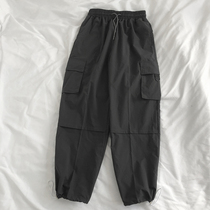 Wide-legged overalls womens thin high waist summer thin hanging loose bf handsome hip hop drawstring pants ins tide