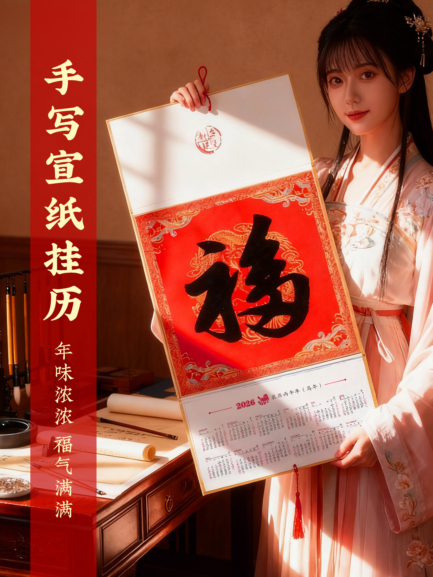 Wholesale 10 Rolls of 2026 Year of the Horse New Folding Wall Calendar, Chinese Painting Blank Rice Paper Calendar, Red Calligraphy Brush Writing Fortune Character Semi-Raw Card Paper for Home Use, New Year Calendar, Spring Festival Creative Use