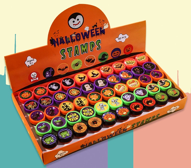 Cute Halloween Stamps for Kids, Round, 50 Pieces in a Box, Colorful Small Stamps, Christmas Holiday Reward Small Gifts
