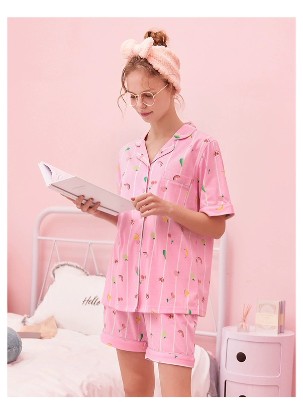 Hanoriya pyjama mùa hè mỏng cotton sọc trái cây in phụ nữ áo len ngắn tay phù hợp với dịch vụ nhà phụ nữ thủy triều - Nam giới