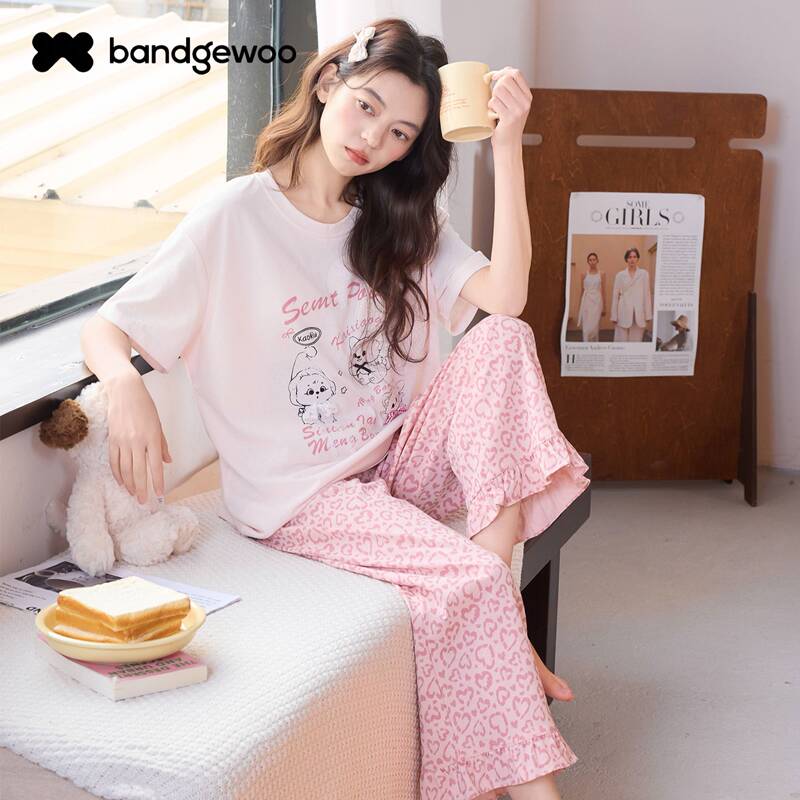 Sakaoriya Pure Cotton Pajamas for Women Summer with Chest Pads Short-Sleeved Set 2026 New Sweet Cartoon Style Home Clothes