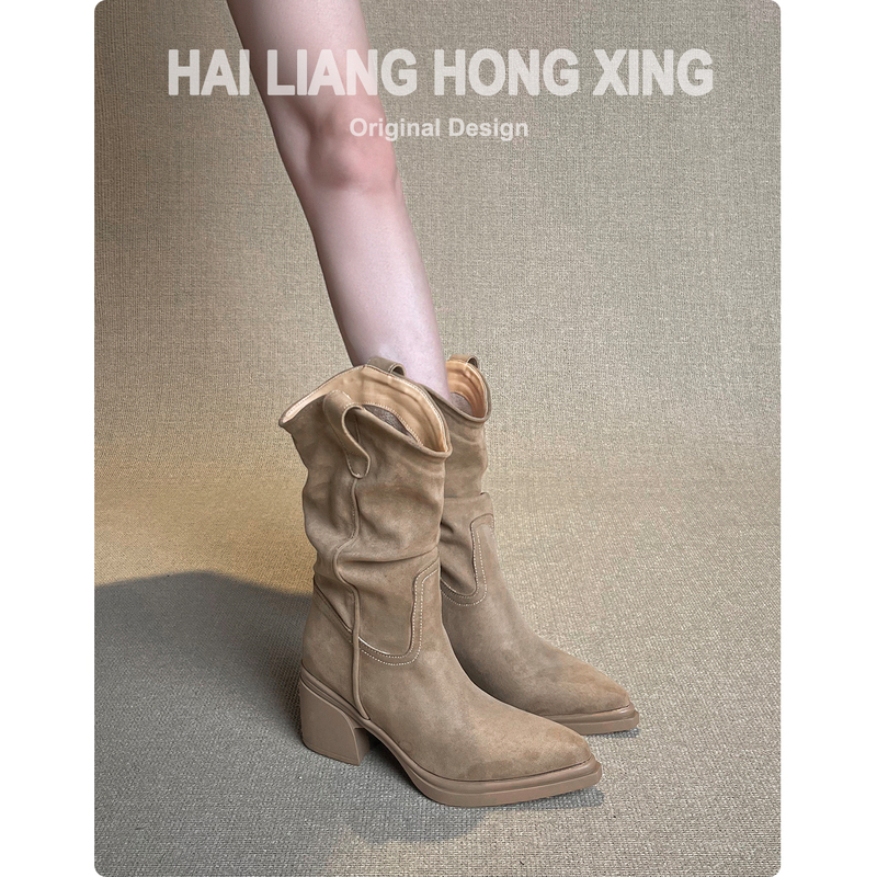 Sheepskin Version~ Retro Pointed-Toe High-Heeled Short Boots for Women, Thick-Soled Chunky Heel, Pleated Stacked Boots, Western Riding Boots, Martin Boots