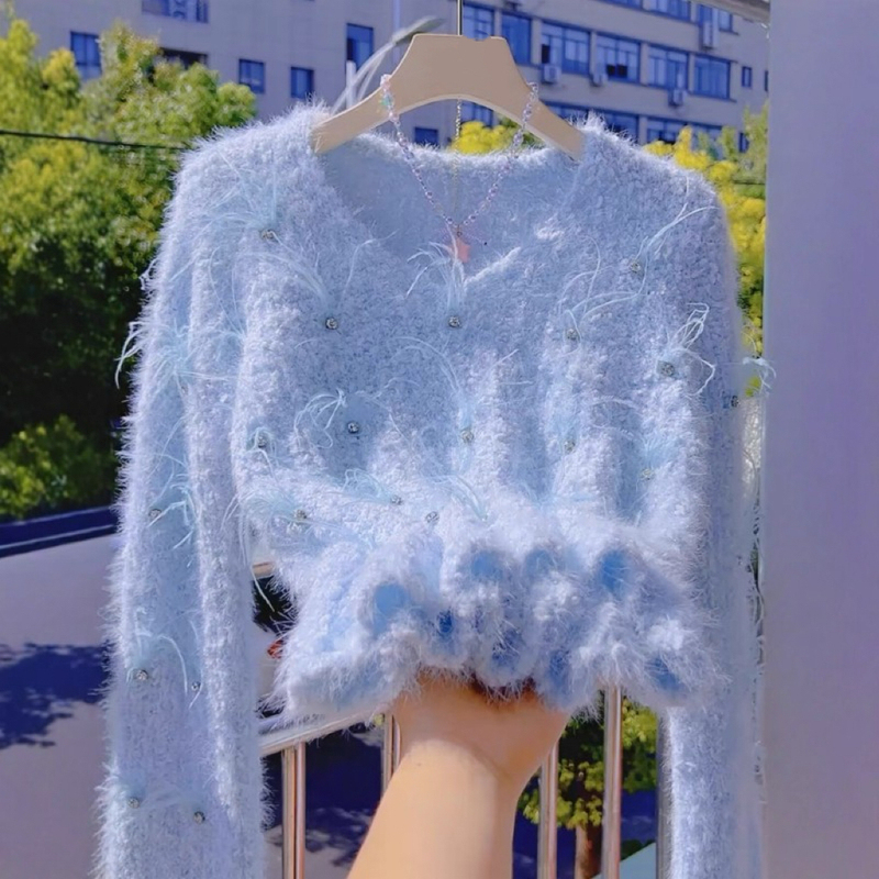 Sweetly Designed, Heavily Beaded Knit Sweater, New Autumn and Winter Thickened Blue Furry Short Soft Sweater for Women