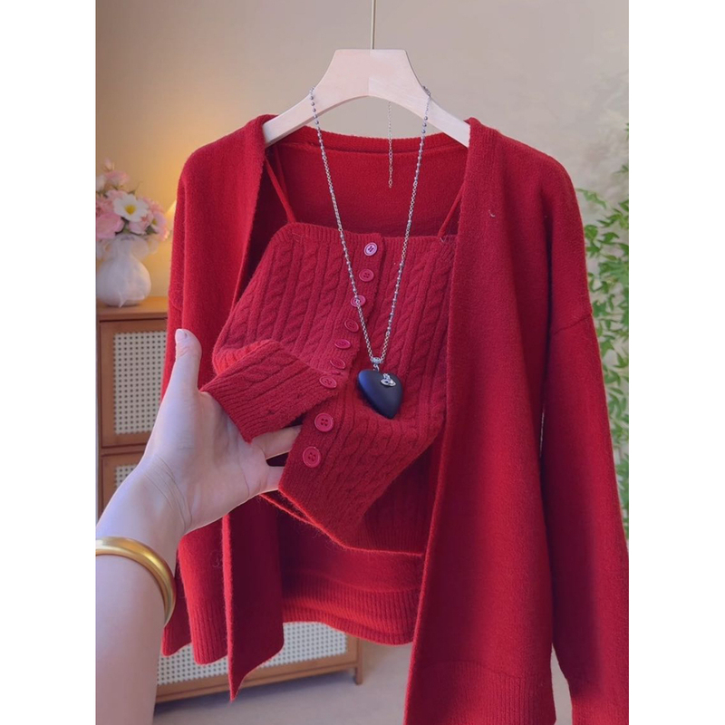 Red Sweater Knitted Cardigan Jacket Camisole Top Two-Piece Set for Women 2026 New Spring and Autumn Outfit