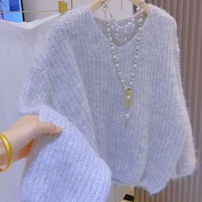 Korean Retro Gentle Style V-Neck Pullover Sweater for Women, Autumn and Winter Thick Yarn, Soft and Fluffy, Thickened Knitted Top