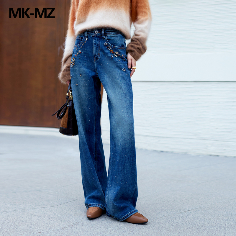 Mkmz'Flower Diamond Evening Breeze' Heavy Embellished Floral Rhinestone Vintage Washed High-Waisted Wide-Leg Jeans for Women