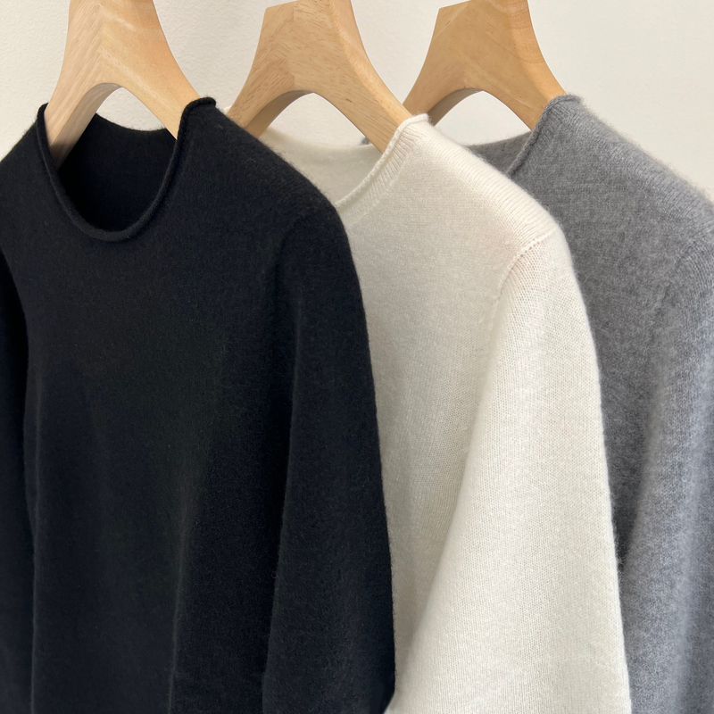Gentle and Soft Minimalist Style Cashmere Sweater for Women, Round Neck, Loose Fit, Rolled Edge Wool Base Knit Sweater for Winter Gentle and Soft Minimalist Style Cashmere Sweater for Women, Round Neck, Loose Fit, Rolled Edge Wool Base Knit Sweater for Winter