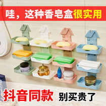 Double soap box powerful suction cup non-hole suction wall-mounted toilet bathroom creative cute drain soap holder