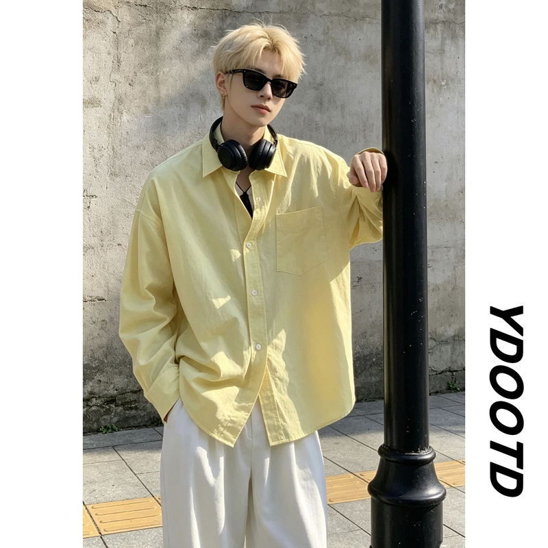 Spring and Autumn Light Yellow Pure Cotton Loose Long-Sleeve Shirt for Men and Women, Niche Lazy Casual Shirt, Trendy Versatile Top for Commuting
