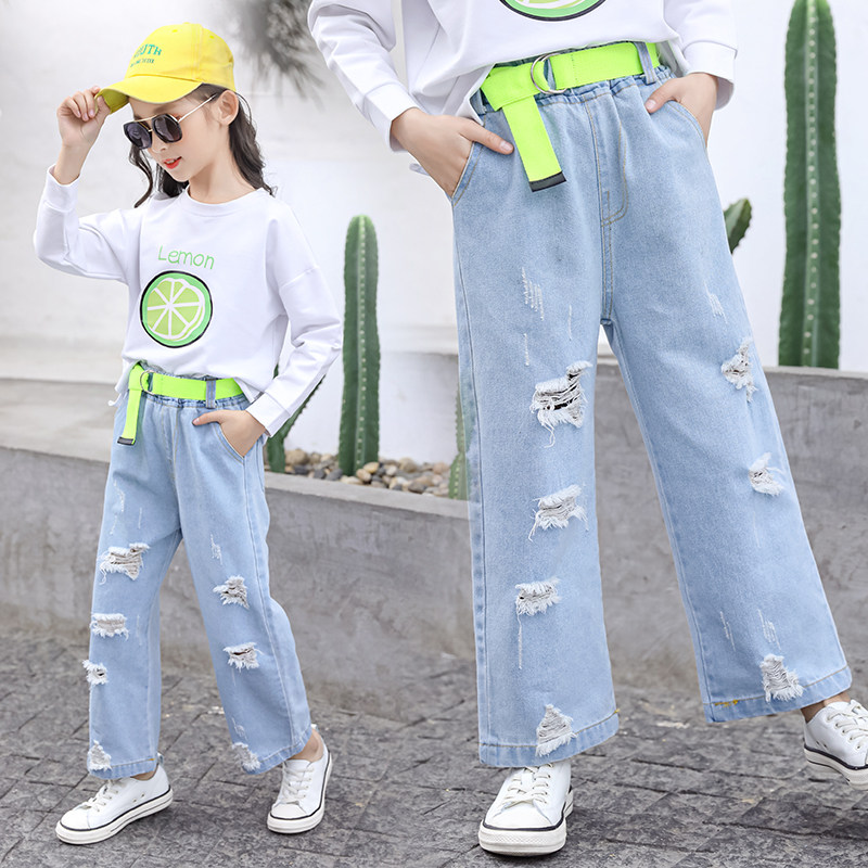 Girls' wide-leg pants and jeans 2021 autumn new fashion style loose Korean version of the big boy's western style children's pants
