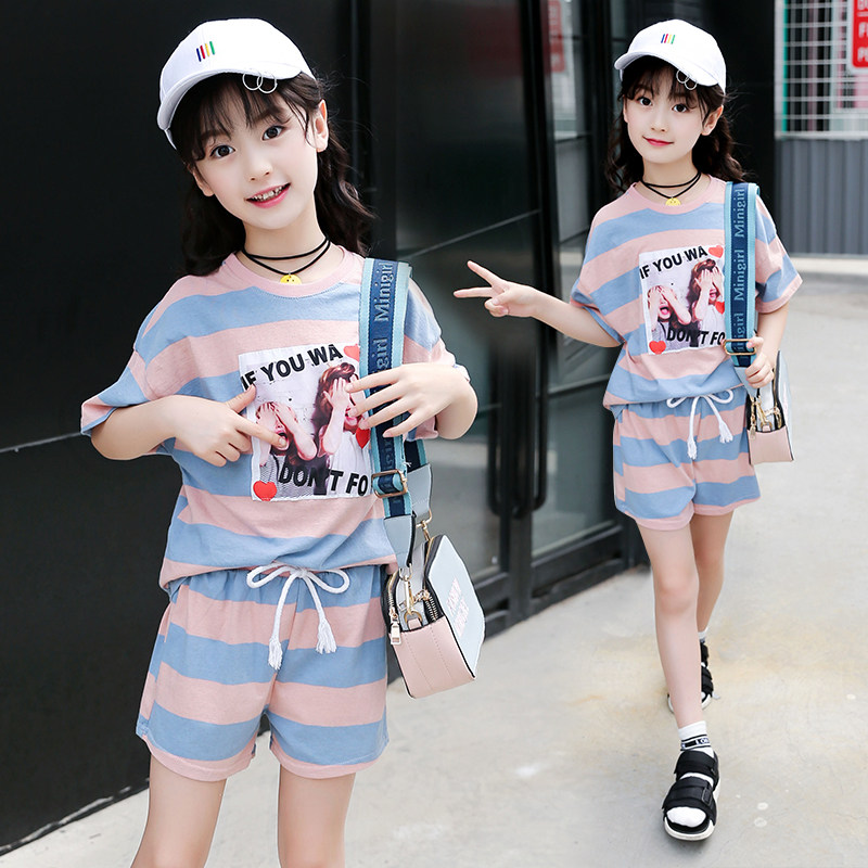 Girl 2021 New Summer Dress Striped Cotton Linen Two Sets Korean Version Short Sleeve Shorts Casual Sports Hot Pants Suit Tide