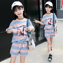 Girls 2021 new summer dress striped cotton linen two-piece Korean short sleeve shorts casual sports hot pants set tide