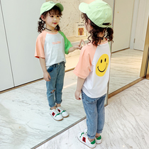 Childrens half - sleeved cotton tops summer dress 2021 new girl T - shirt summer girl clothing short - sleeved color color childhood clothing