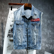 Áo vest denim nam mùa hè phiên bản Hàn Quốc của áo vest không tay mỏng denim vest vest vest mùa xuân và lỗ mùa thu. - Dệt kim Vest