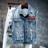 Áo vest denim nam mùa hè phiên bản Hàn Quốc của áo vest không tay mỏng denim vest vest vest mùa xuân và lỗ mùa thu. - Dệt kim Vest áo len khoác mỏng