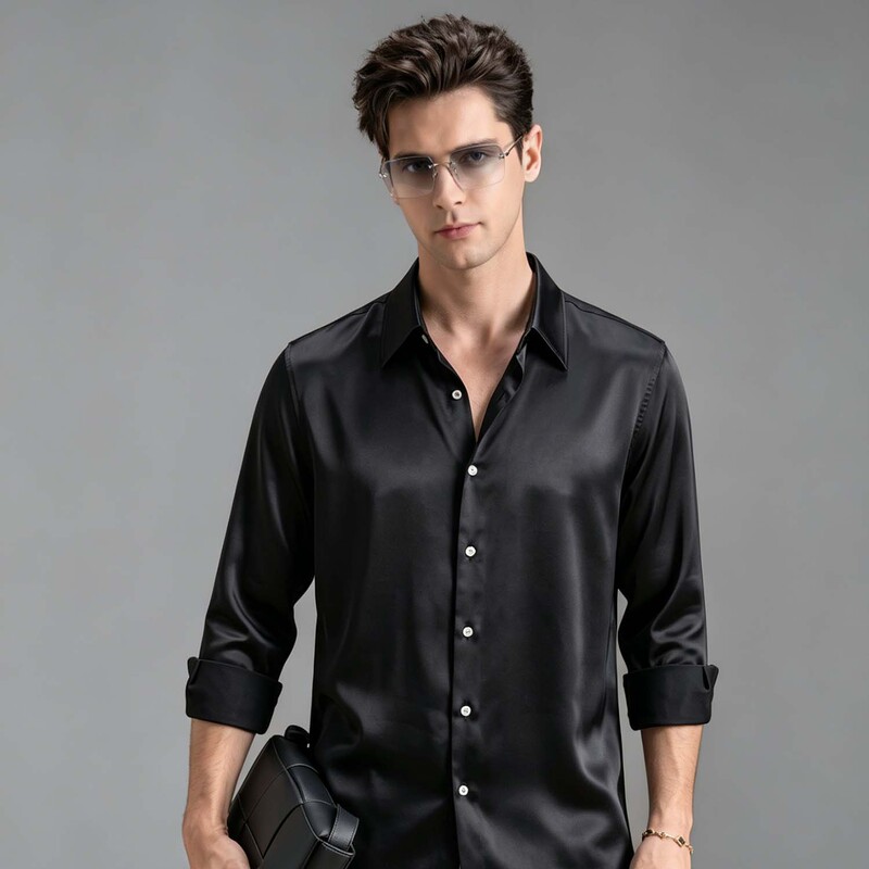 Yanji Men's Mulberry Silk Shirt Men's Casual Shirt Men's Summer Thin Long Sleeve Shirt Minimalist Style Top