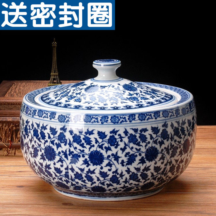 Jingdezhen blue and white ceramic storage jar sealed rice wine jar lard jar home kitchen container tea jar