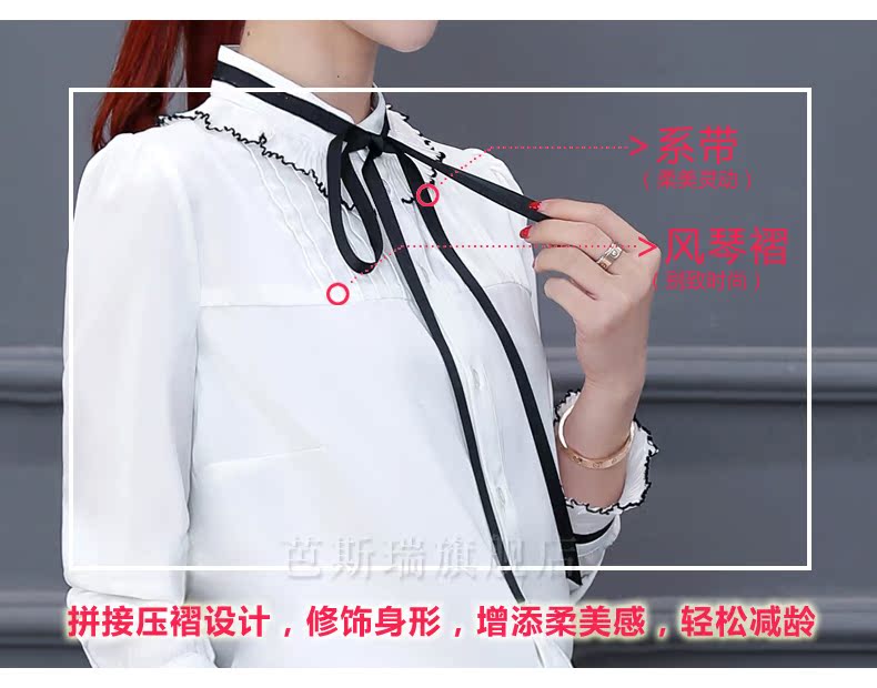 Áo dài tay đứng cổ áo sơ mi trắng nữ 2018 xuân mới ngọt ngào nơ voan siêu cổ tích với áo sơ mi khí chất áo voan hoa