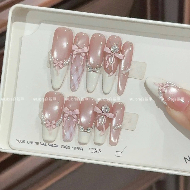 【Pink Satin Sweetheart】Sweetheart Girl Handmade Nails Ice Transparent Cat Eye Pink Bow Atmosphere Nail Stickers