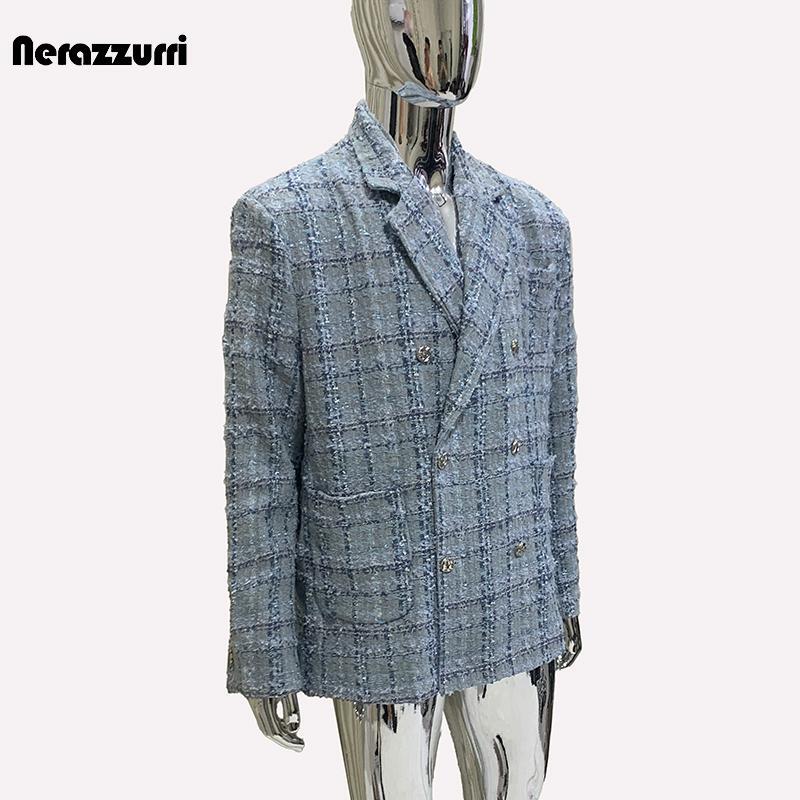 Nerazzurri Tweed Double-Breasted Casual Woolen Suit Loose Colorful Tweed Blazer for Men Nerazzurri Tweed Double-Breasted Casual Woolen Suit Loose Colorful Tweed Blazer for Men