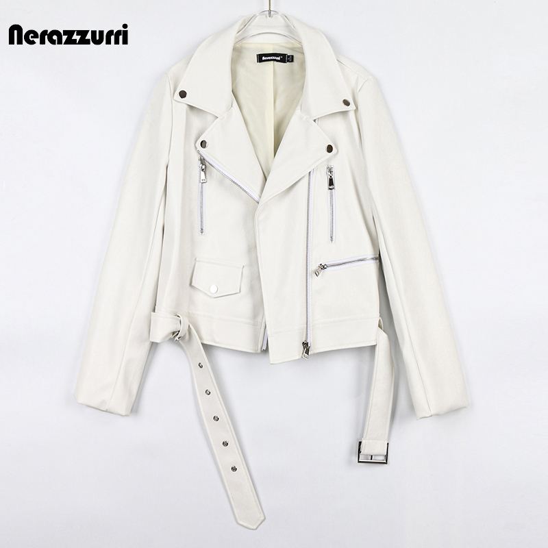 Nerazzurri Motorcycle Jacket for Women 2023 New Short Style with Belt, Long Sleeve White Pu Leather Jacket for Women