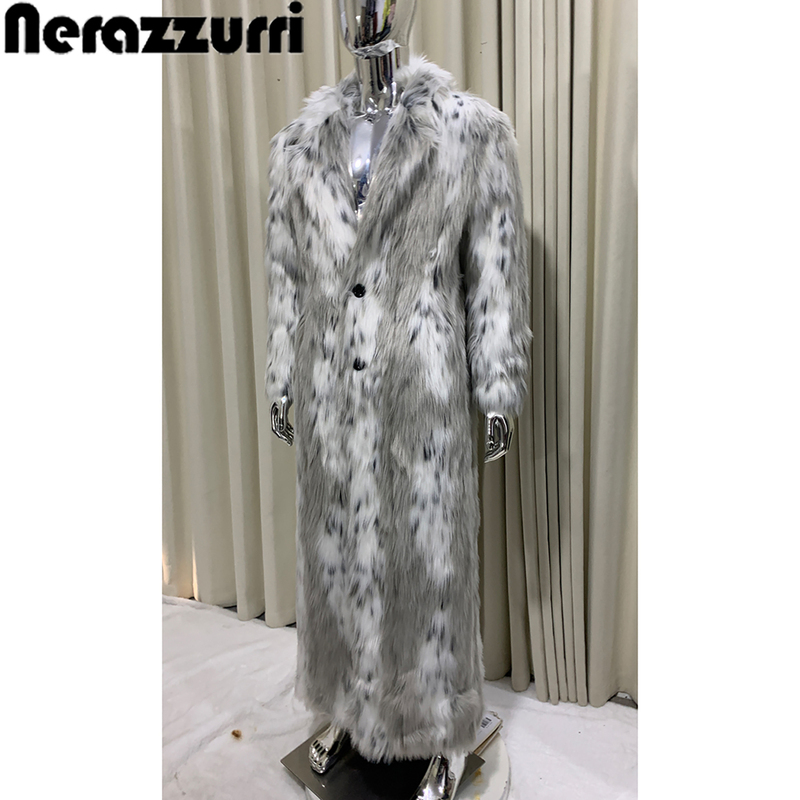 Nerazzurri Men's High-End Leopard Print Eco-Friendly Fur Coat Men's Long Faux Fur Coat 2025 New Style