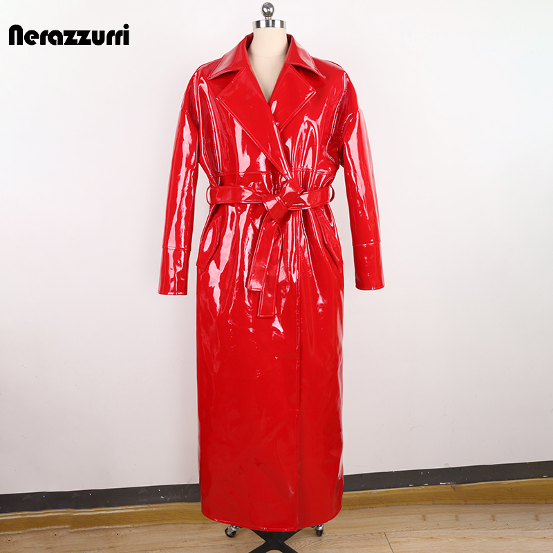 Nerazzurri Glossy Bright Red Patent Leather Trench Coat for Women, Long Loose Pu Leather Jacket, Women's Leather Coat
