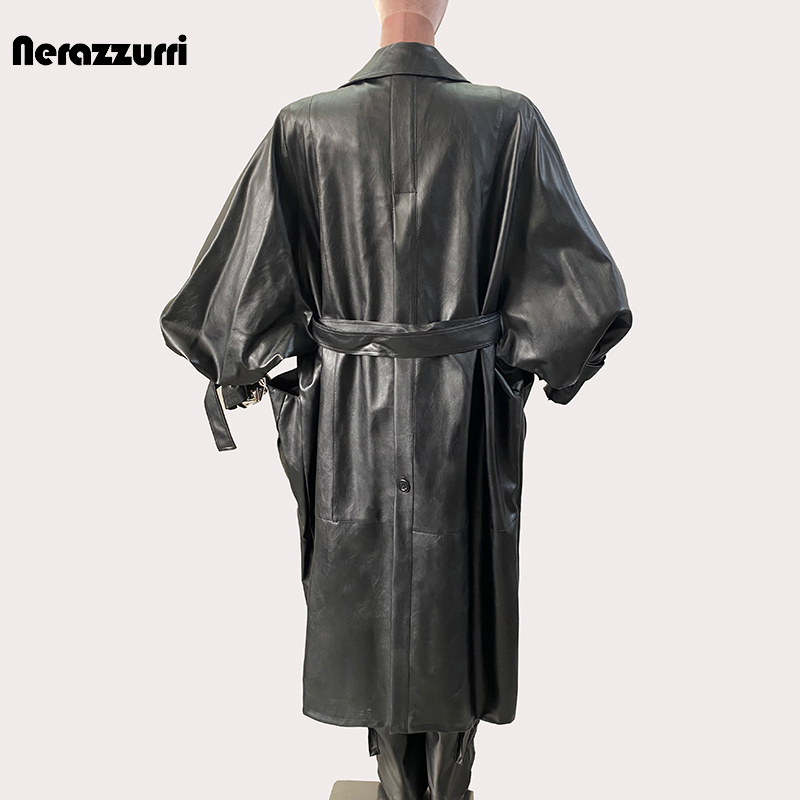 Nerazzurri Black Leather Trench Coat Long Oversize Loose Casual Leather Coat Women's Pu Leather Jacket Women's