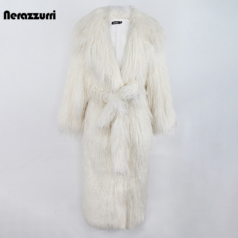 Nerazzurri White Faux Fur Coat Long Lace-Up Suit Collar Fashionable Black Eco-Friendly Fur Coat for Women