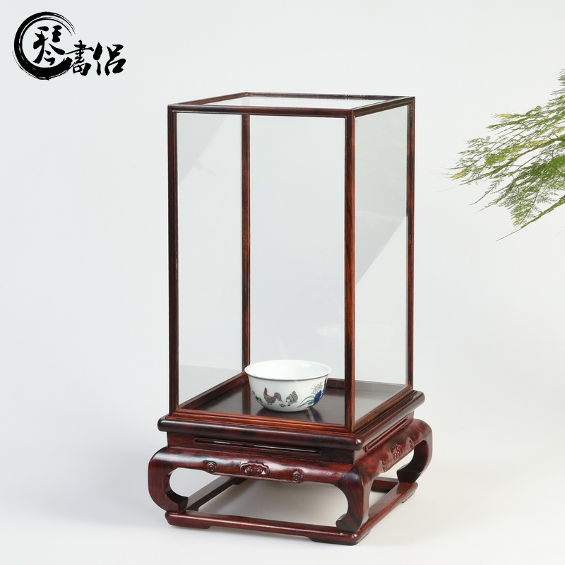 Pianology picking red mahogany acid branches treasure cage the glass base solid woodcarving figure of Buddha jade show cover box dust cover