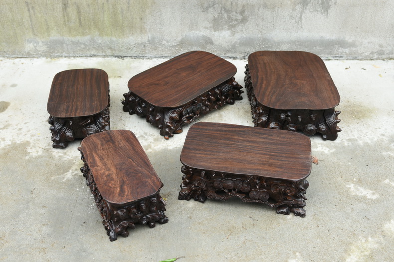 Ebony woodcarvings base stone base solid wood excavated rectangular oval jade stone base of Buddha furnishing articles base