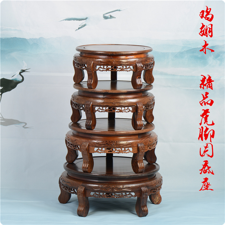 Ebony woodcarvings tank base jade Buddha miniascape of real wood frame porcelain vase circular base wood, wood