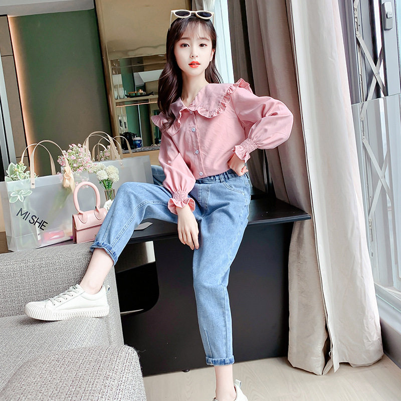 2021 Autumn New Girls' Suit Autumn Outfit Big Boy Korean Style Western Style Lace Shirt Denim Trousers Two-piece Set