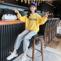 2021 Autumn New Girls Suit Autumn Mid-Autumn Childrens Korean Style Shirt Collar Letter Sweatshirt Pulled Trousers Two-piece Set