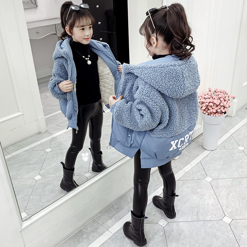 Girls lamb wool coat 2022 new children's autumn and winter clothes plus velvet thick thin cotton coat ten-year-old girl spring and autumn models - Taobao
