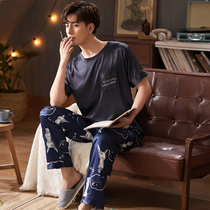 Mens pajamas summer ice thin short sleeve mens large size summer spring and autumn simulation Silk Home suit suit