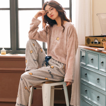 Pajamas women autumn and winter coral velvet thickened plus velvet flannel spring and autumn cartoon home clothing furry cute winter
