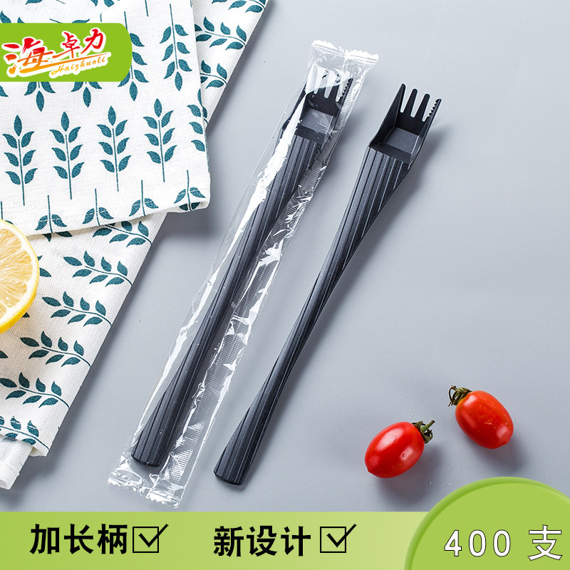 Disposable plastic fork and spoon one-piece long handle dessert fruit tea milk tea shop stirring fork and spoon individually packaged