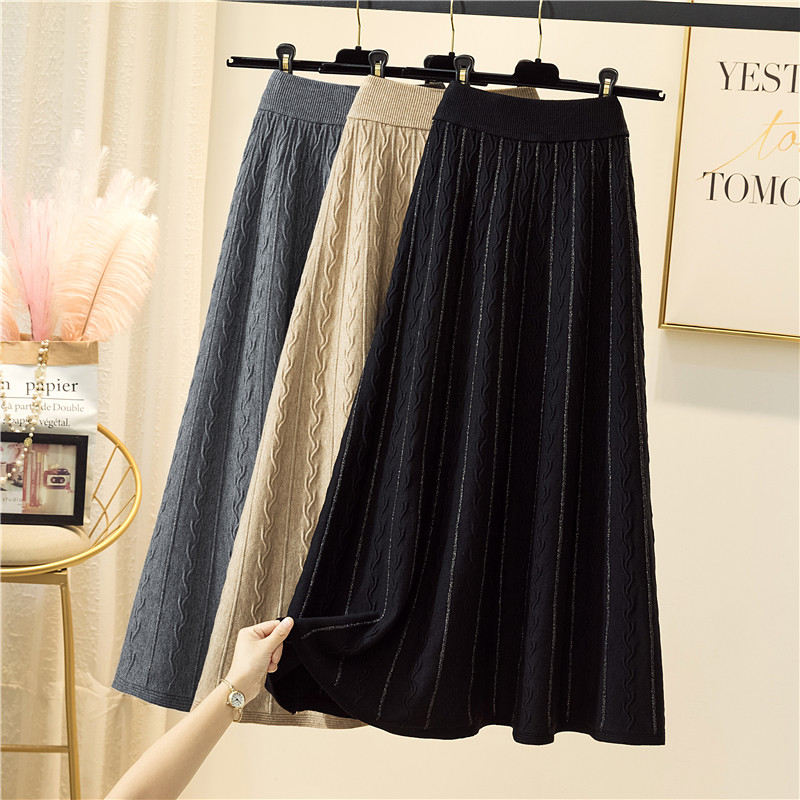 Autumn and winter high waist A word all-match bright silk wool line skirt skirt women in winter with long sweater knitting skirt
