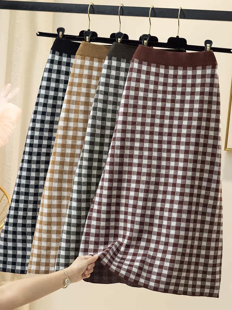Knitted skirt goddess temperament high waist slim a-line skirt Plaid hip mid-length skirt Autumn new products