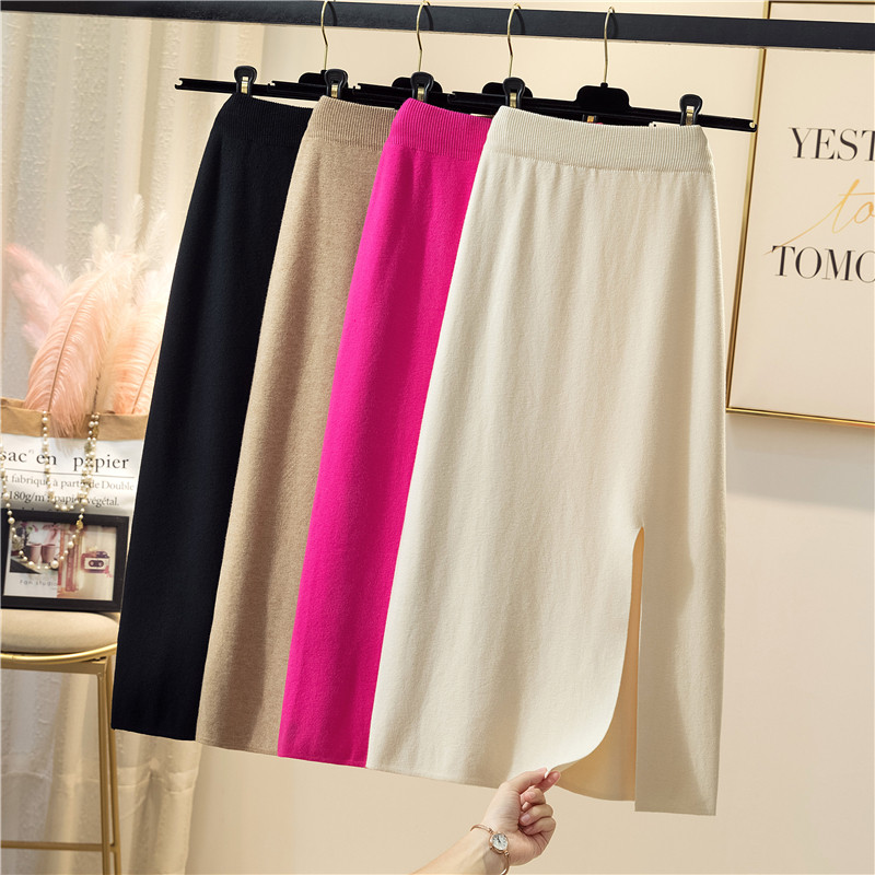 Fall women's new high-waisted, mid-length black all-match wool slit buttock skirt one-step skirt