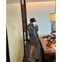 2022 Springy Grey Invisible Collar Suit Superior Woman Loose Suit Medium Long jacket jacket
