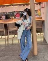 Removable retro high waist back with jeans female 2022 new loose tug straight drum pants