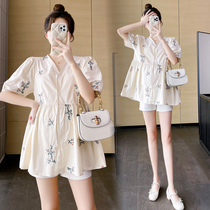 Maternity wear summer new Korean fashion pure cotton V-neck embroidered babydoll loose belly-covering top for women spring and autumn
