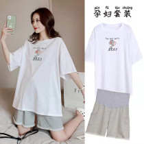 Pregnant Woman Casual Suit Summer New Loose Short Sleeve Pure Cotton T-shirt With Long Cover Belted Jacket Shorts Two Pieces