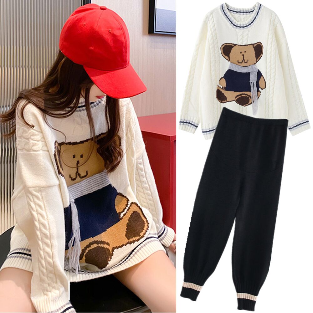 Pregnant women's autumn clothing suit stylish style 2021 new sweater cover belly woman dress spring autumn large size stitch cardiovert two pieces