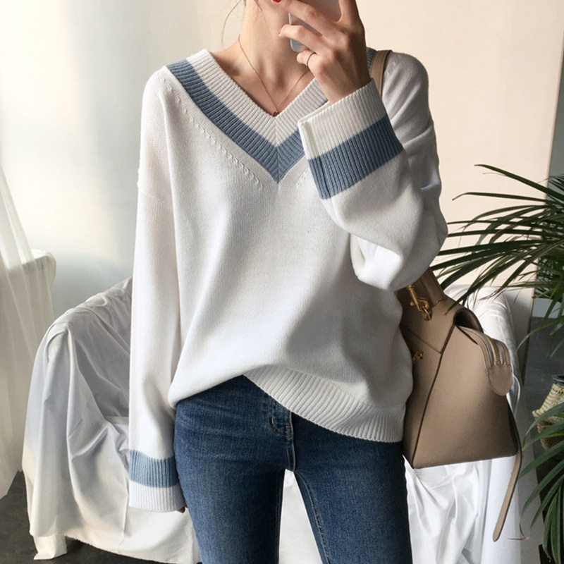 South Korean women's clothing autumn and winter new sweaters women loose with lean and lazy wind sets V collar student blouses for blouses